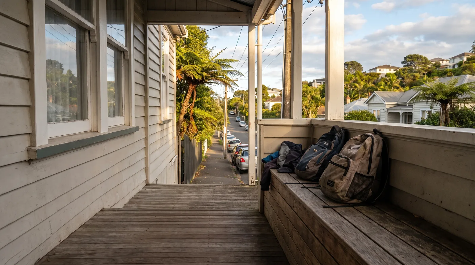 A quiet New Zealand suburban street in the late afternoon with school bags on a porch bench