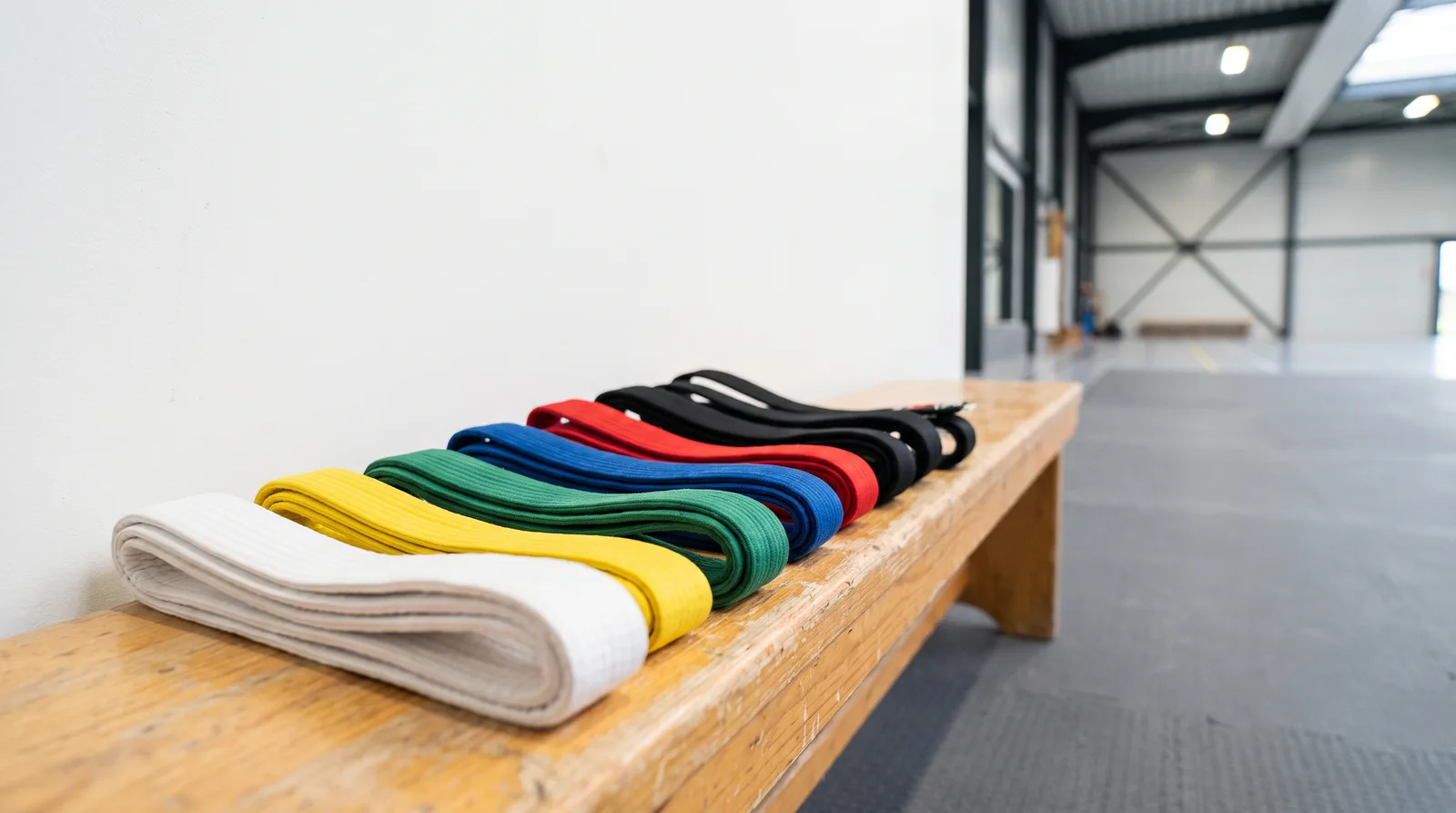 A row of coloured martial-arts belts, white through to black, folded on a wooden bench