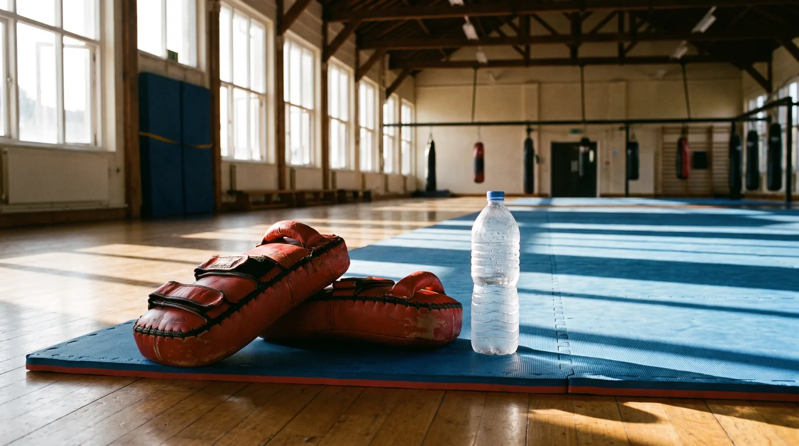 Red kick pads and a water bottle on a blue mat at the edge of an empty training hall